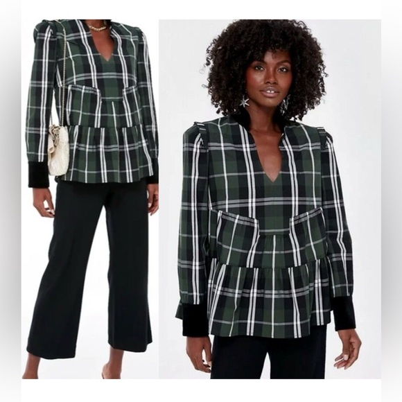 Tuckernuck Tops - Tuckernuck Bristol Tartan Plaid Peplum Top XS Green Velvet Collar NWT